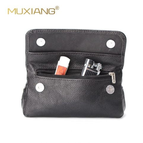 portable leather tobacco smoking pipe case bag holds 2 pipes+tobacco pouch black