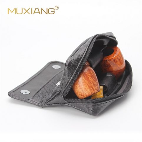 Portable Leather Tobacco Smoking Pipe Case Bag Holds 2 Pipes+Tobacco Pouch Black - Image 4